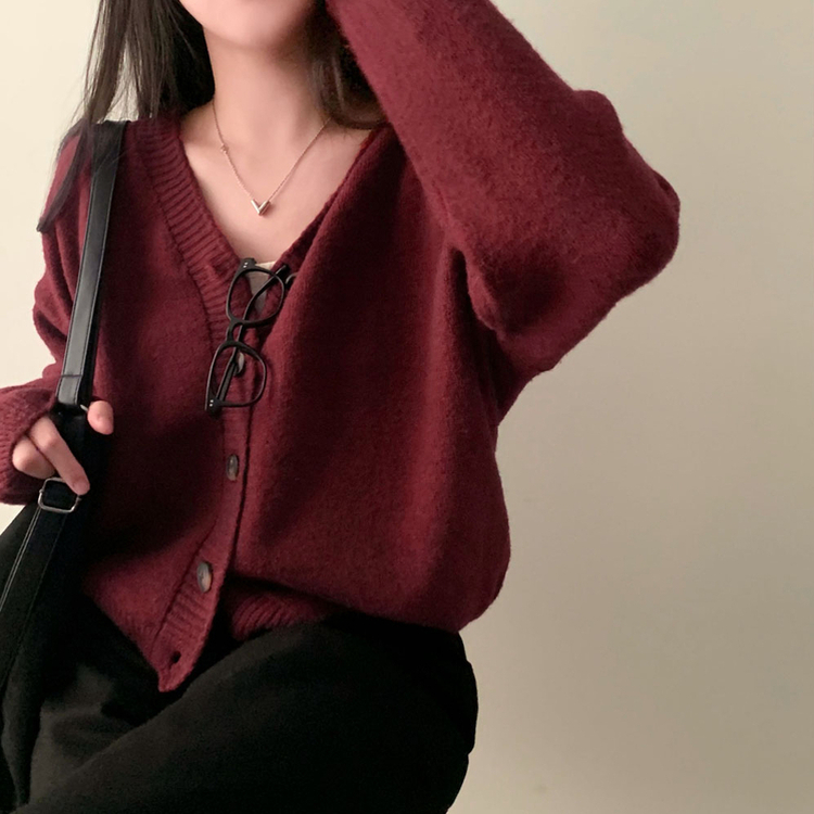 겨울준비 시작아방이 울 루즈핏 브이넥 세미크롭 가디건 와인