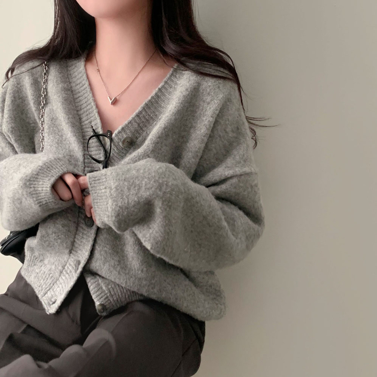 겨울준비 시작아방이 울 루즈핏 브이넥 세미크롭 가디건 그레이