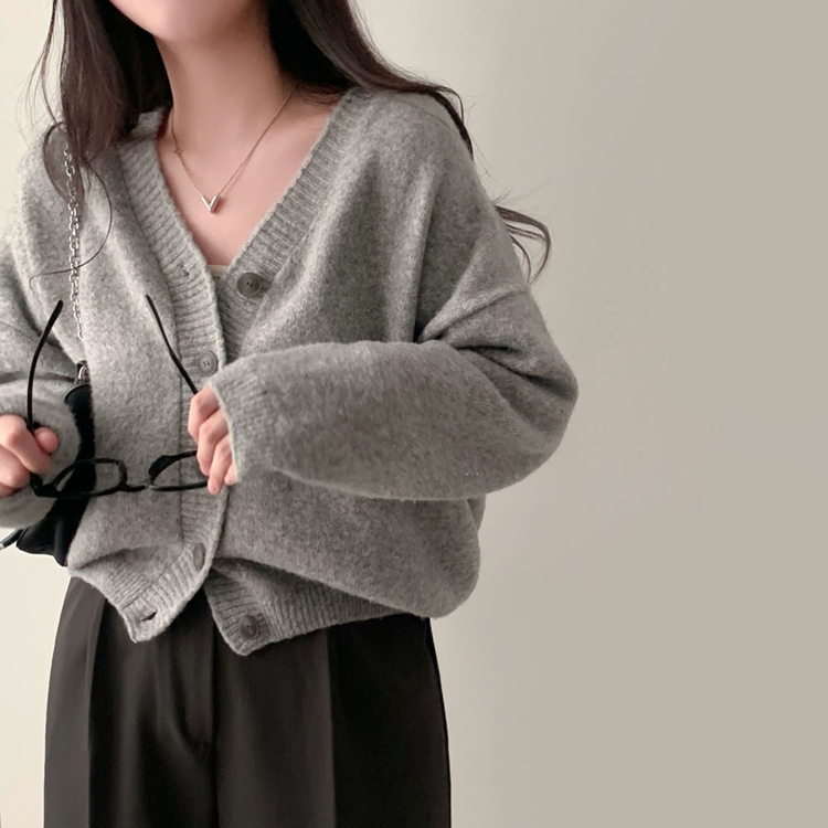 겨울준비 시작아방이 울 루즈핏 브이넥 세미크롭 가디건 그레이