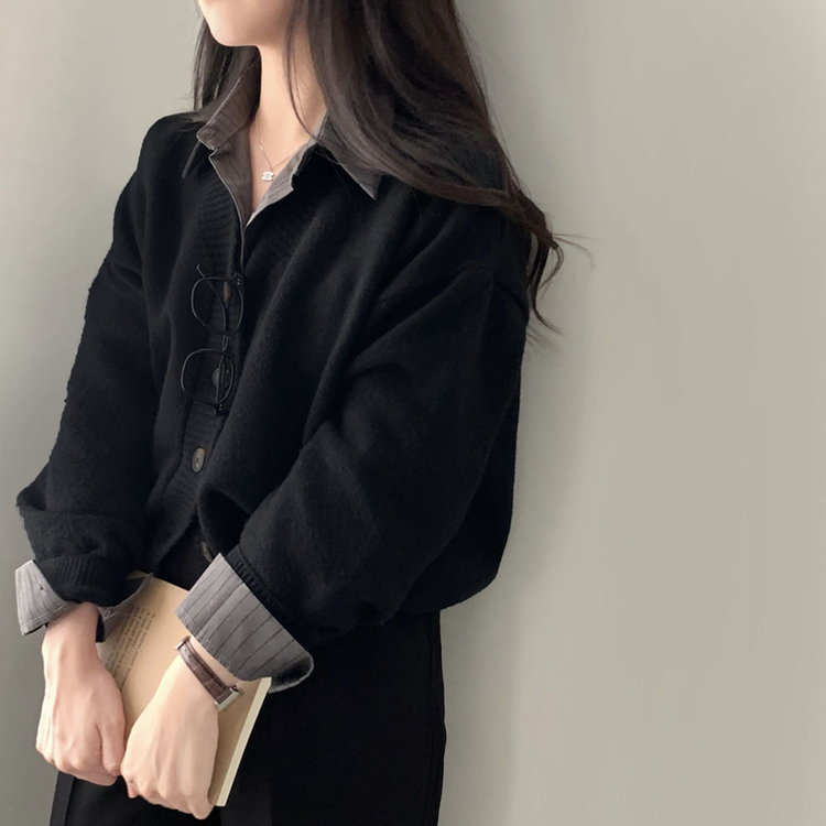 겨울준비 시작아방이 울 루즈핏 브이넥 세미크롭 가디건 블랙