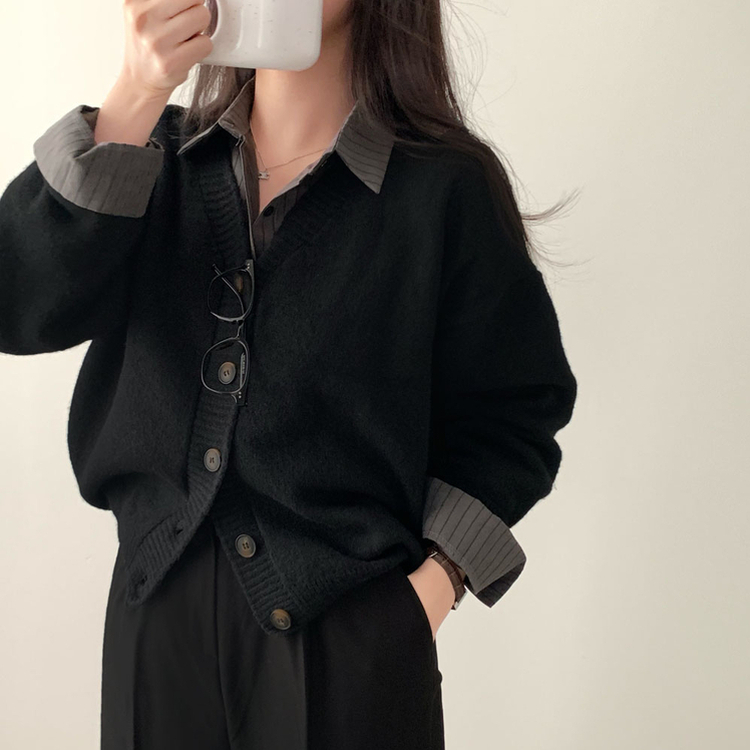 겨울준비 시작아방이 울 루즈핏 브이넥 세미크롭 가디건 블랙