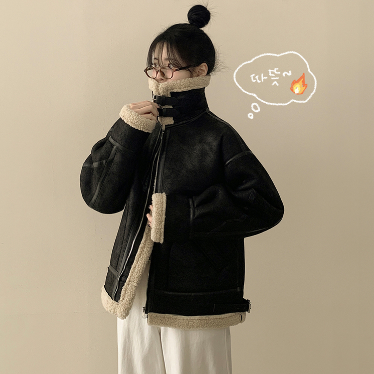 오버핏 양털안감 빈티지 레더 스웨이드 퍼카라 버클 무스탕 자켓