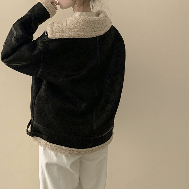 오버핏 양털안감 빈티지 레더 스웨이드 퍼카라 버클 무스탕 자켓