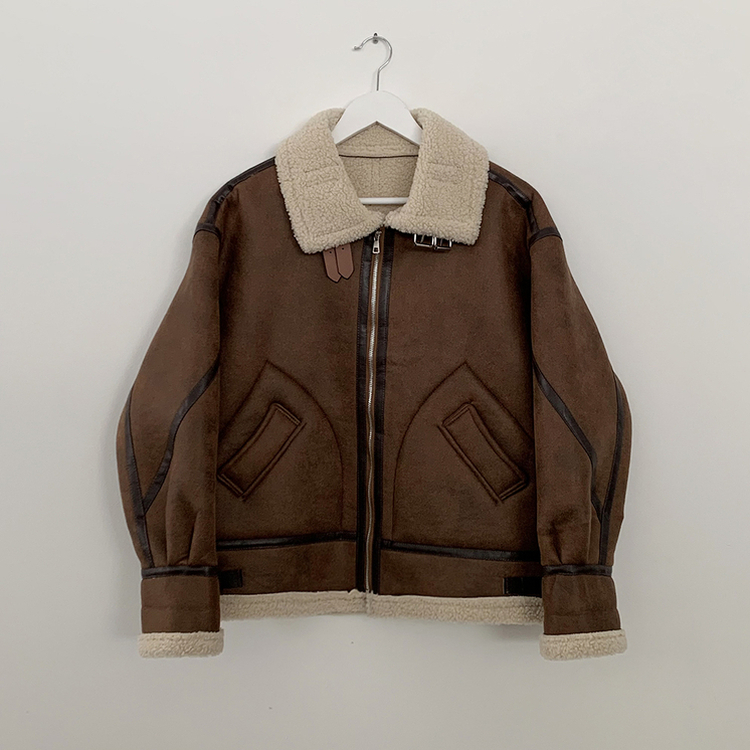 오버핏 양털안감 빈티지 레더 스웨이드 퍼카라 버클 무스탕 자켓