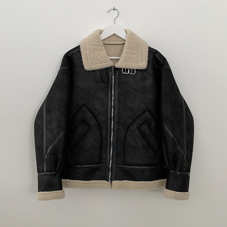 오버핏 양털안감 빈티지 레더 스웨이드 퍼카라 버클 무스탕 자켓