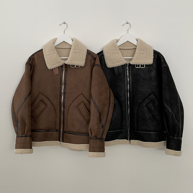 오버핏 양털안감 빈티지 레더 스웨이드 퍼카라 버클 무스탕 자켓