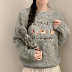 댕댕통통 자수 라운드넥 긴팔 니트 강아지 멍멍이 겨울 상의 겨울옷 크리스마스 연말룩 그레이
