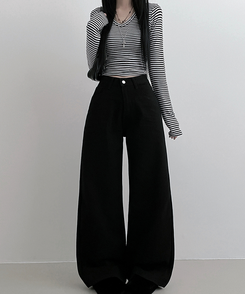 기모버전블랙코튼뒷포켓포인트일자와이드팬츠 블랙