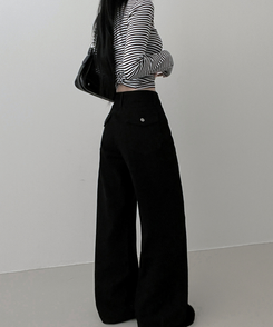 기모버전블랙코튼뒷포켓포인트일자와이드팬츠 블랙