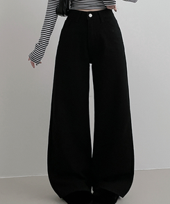 기모버전블랙코튼뒷포켓포인트일자와이드팬츠 블랙