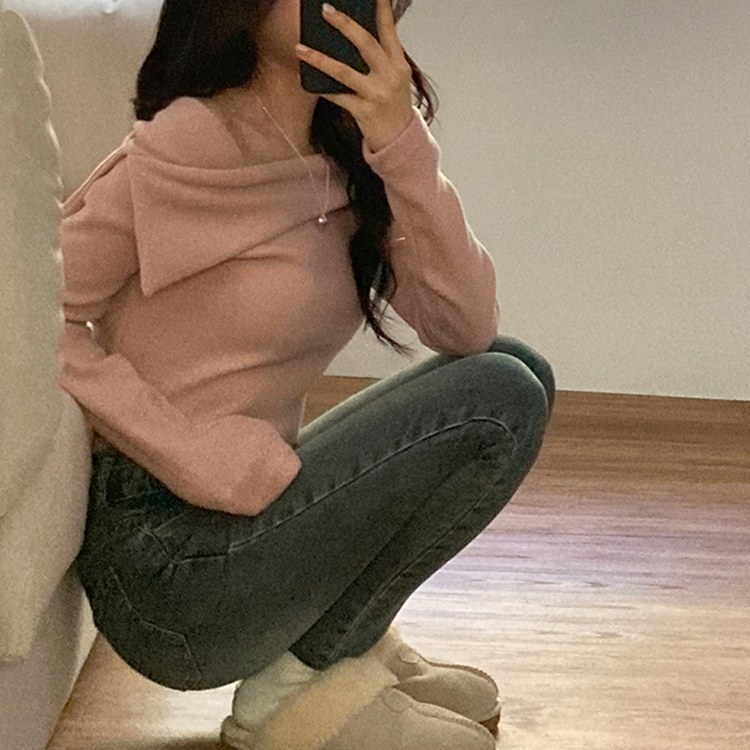 オフショルダークロップ長袖Tシャツ PINK