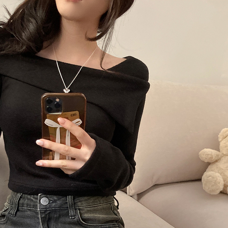 オフショルダークロップ長袖Tシャツ BLACK