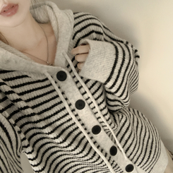 폭닥따뜻 배색 단가라 스트라이프 버튼 오버핏 울 후드 니트가디건 그레이