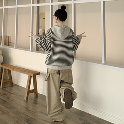 폭닥따뜻 배색 단가라 스트라이프 버튼 오버핏 울 후드 니트가디건 그레이