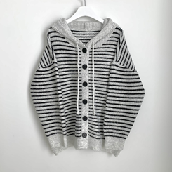 폭닥따뜻 배색 단가라 스트라이프 버튼 오버핏 울 후드 니트가디건