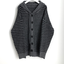 폭닥따뜻 배색 단가라 스트라이프 버튼 오버핏 울 후드 니트가디건