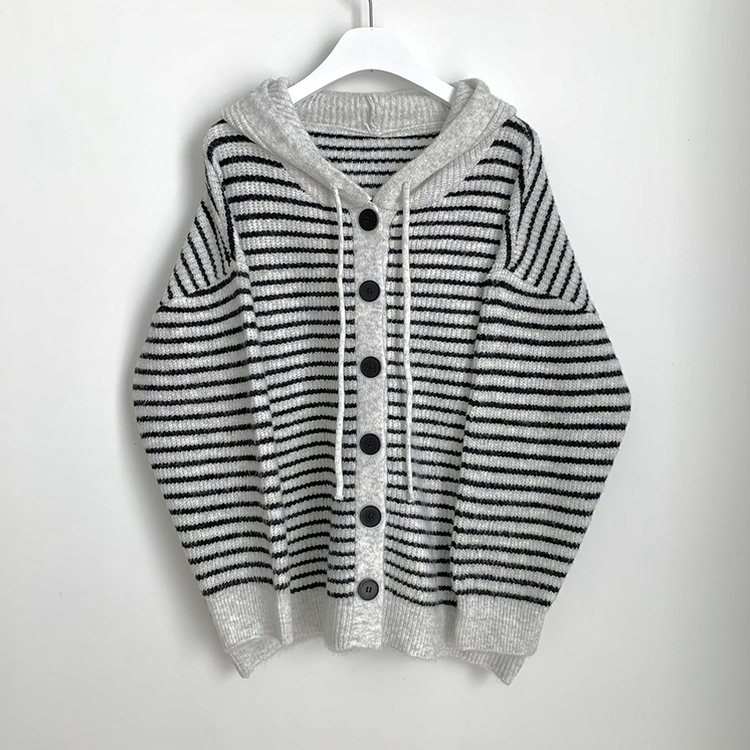 폭닥따뜻 배색 단가라 스트라이프 버튼 오버핏 울 후드 니트가디건