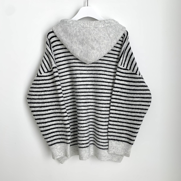 폭닥따뜻 배색 단가라 스트라이프 버튼 오버핏 울 후드 니트가디건