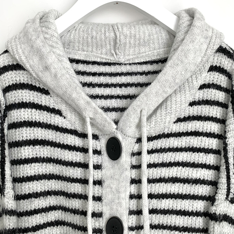 폭닥따뜻 배색 단가라 스트라이프 버튼 오버핏 울 후드 니트가디건