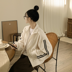 양면 후리스 펜던트 와펜 포인트 트랙 두줄 하이넥 카라 투웨이 오버핏 집업 크림