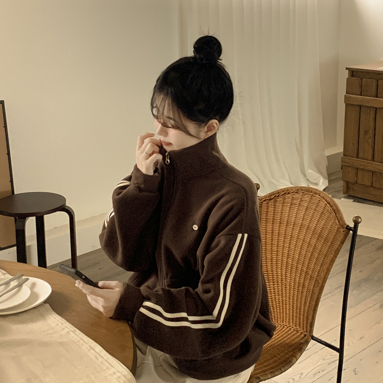 양면 후리스 펜던트 와펜 포인트 트랙 두줄 하이넥 카라 투웨이 오버핏 집업 브라운