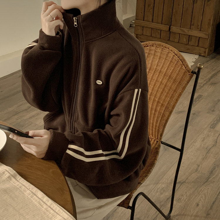 양면 후리스 펜던트 와펜 포인트 트랙 두줄 하이넥 카라 투웨이 오버핏 집업 브라운