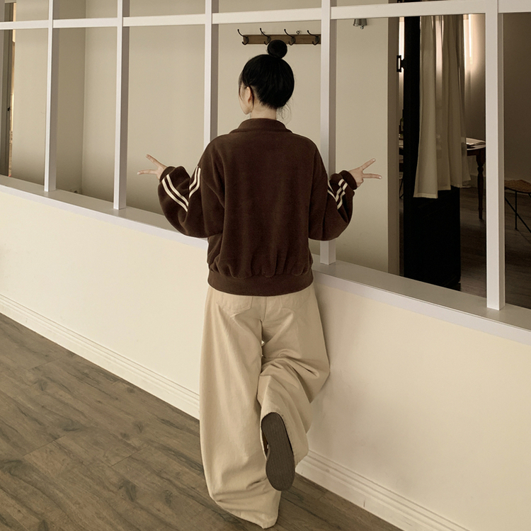 양면 후리스 펜던트 와펜 포인트 트랙 두줄 하이넥 카라 투웨이 오버핏 집업 브라운