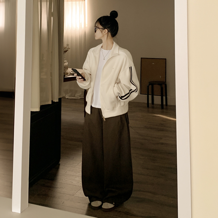 양면 후리스 펜던트 와펜 포인트 트랙 두줄 하이넥 카라 투웨이 오버핏 집업 크림