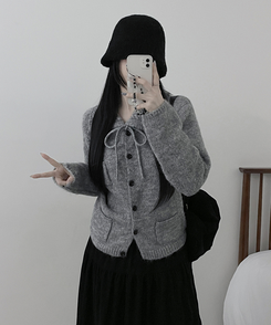 썸포켓꽈배기카라리본스트랩루즈핏니트가디건 그레이