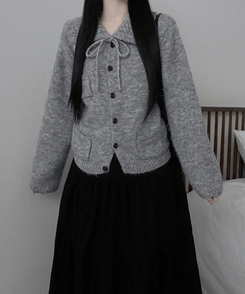 썸포켓꽈배기카라리본스트랩루즈핏니트가디건 그레이