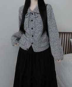 썸포켓꽈배기카라리본스트랩루즈핏니트가디건 그레이