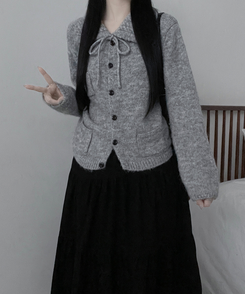 썸포켓꽈배기카라리본스트랩루즈핏니트가디건 그레이