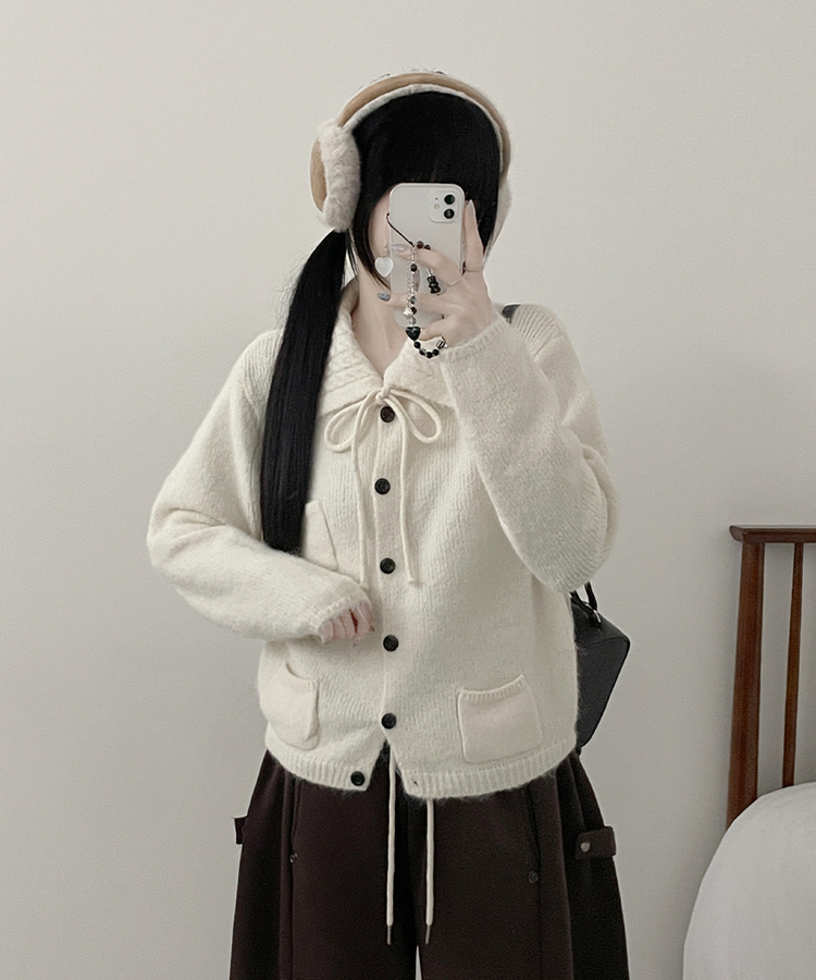 썸포켓꽈배기카라리본스트랩루즈핏니트가디건 아이보리