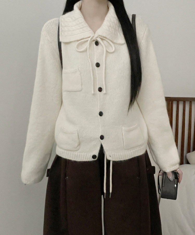 썸포켓꽈배기카라리본스트랩루즈핏니트가디건 아이보리
