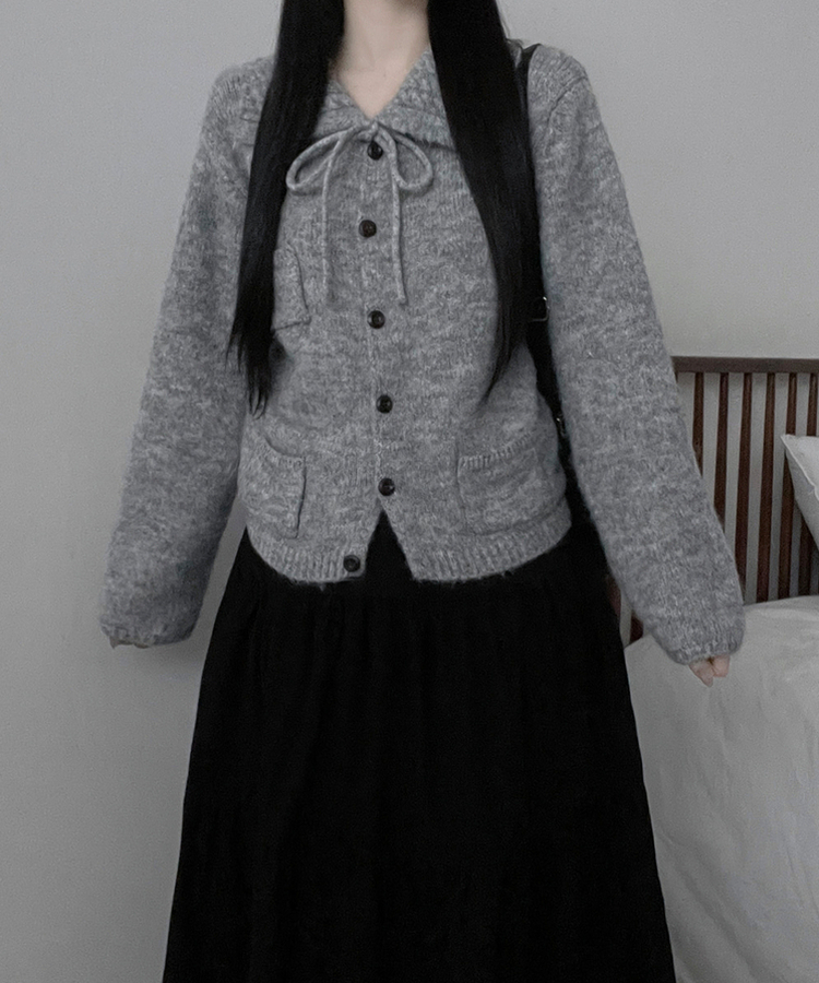 썸포켓꽈배기카라리본스트랩루즈핏니트가디건 그레이