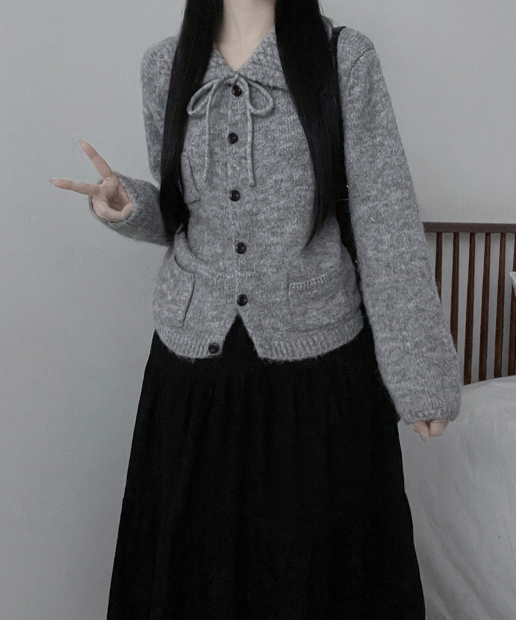 썸포켓꽈배기카라리본스트랩루즈핏니트가디건 그레이