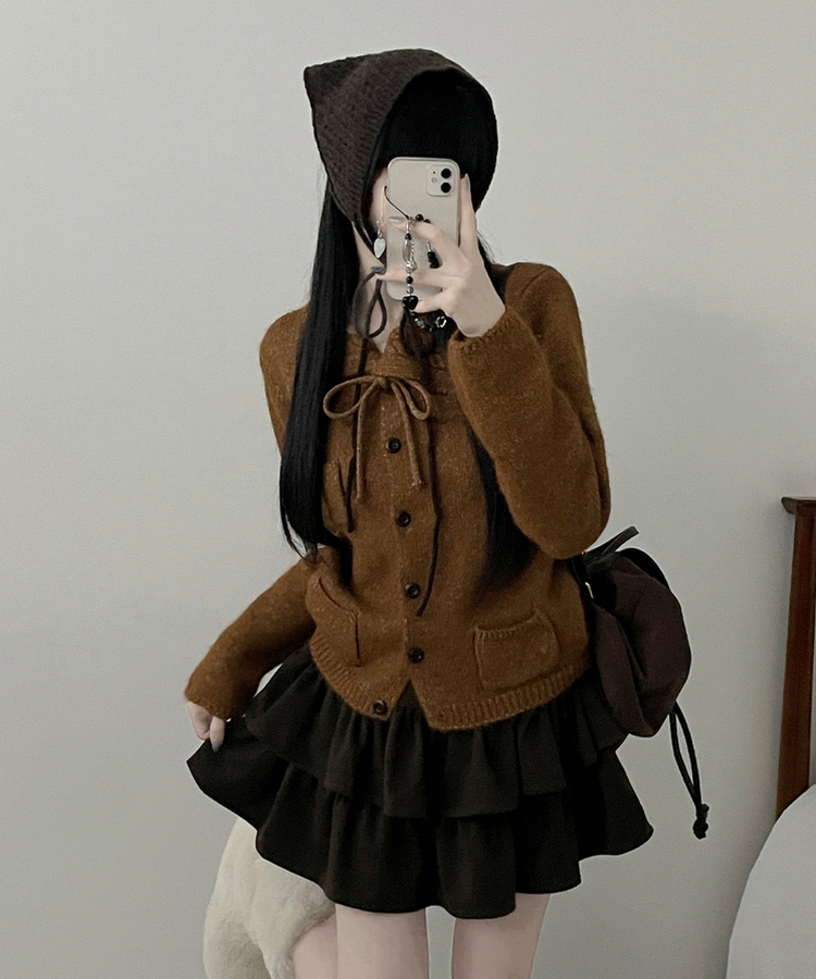 썸포켓꽈배기카라리본스트랩루즈핏니트가디건 브라운