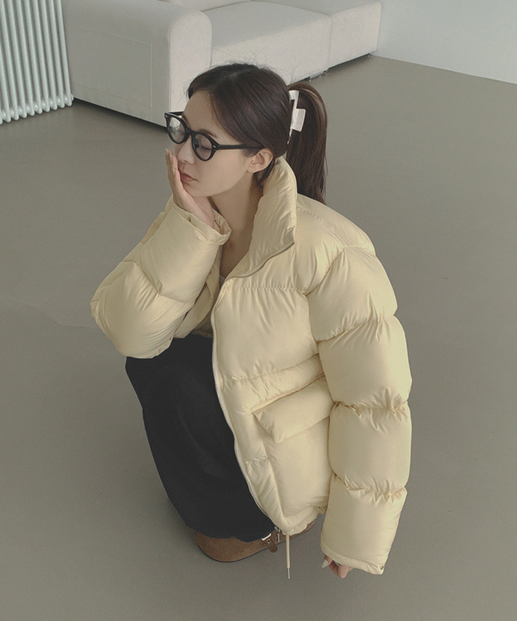 하이넥 빅포켓 고퀄리티 루즈 커플 도톰 패딩 크림