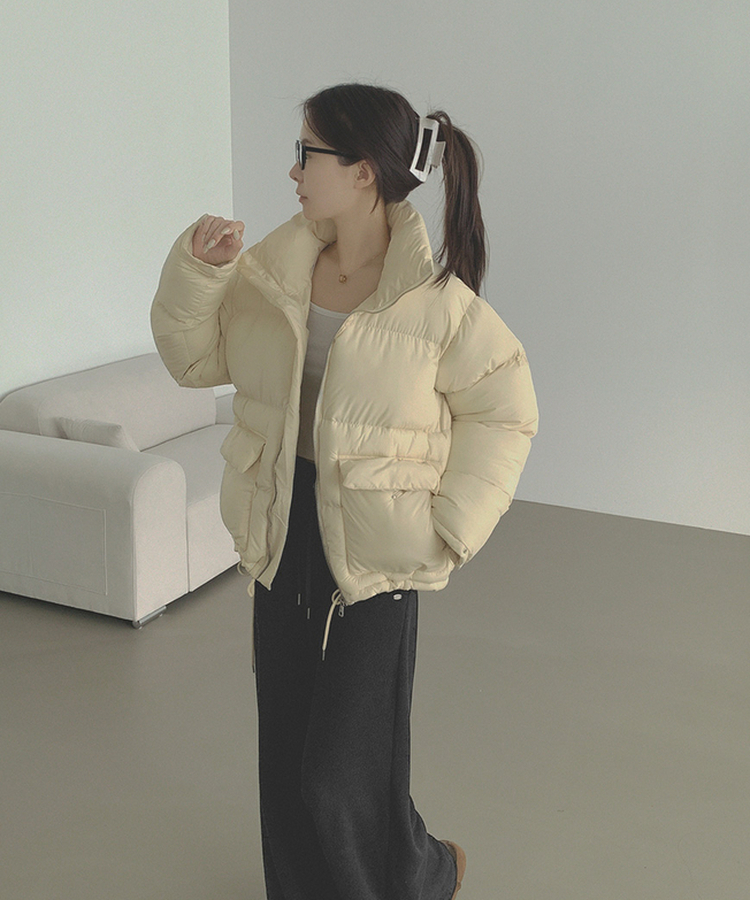 하이넥 빅포켓 고퀄리티 루즈 커플 도톰 패딩 크림