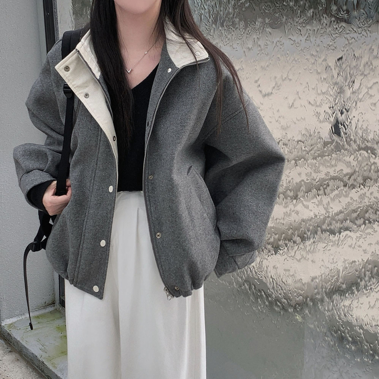 패딩 대신 입는 따뜻한 자켓프리미엄 하이넥 골지 넥라인 모직 아방핏 윈터 자켓 점퍼 그레이