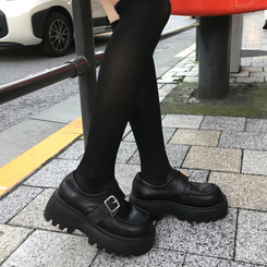 메리드 6cm 통굽 버클 가죽 스웨이드 로퍼 블랙