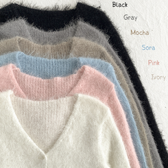 에니프 솔잎 퍼 아크릴 세미 크롭 슬림핏 가디건