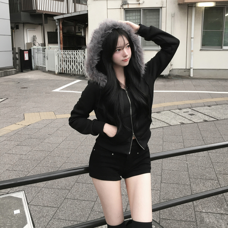 ファークロップフードジップアップ｜ジャンパー｜韓国ファッション通販