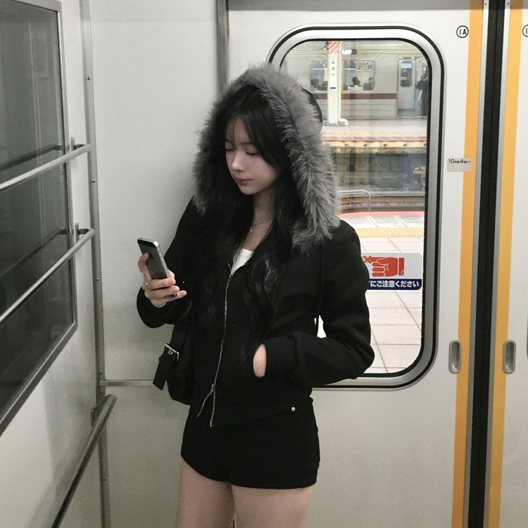 ファークロップフードジップアップ｜ジャンパー｜韓国ファッション通販