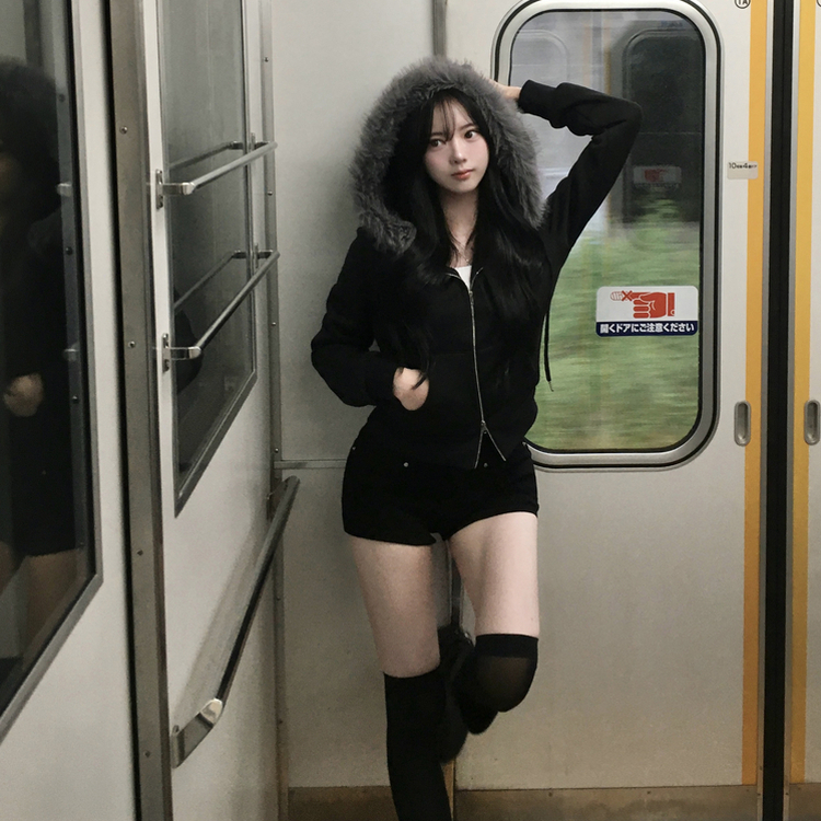 ファークロップフードジップアップ｜ジャンパー｜韓国ファッション通販