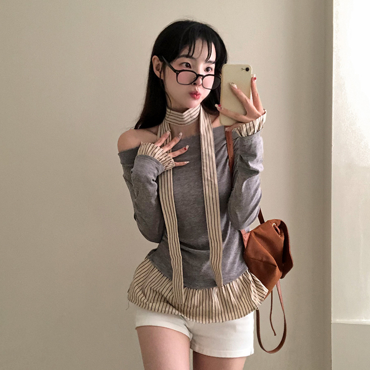 휘핑 머플러 스트라이프 셔츠 레이어드 타이 니트 그레이