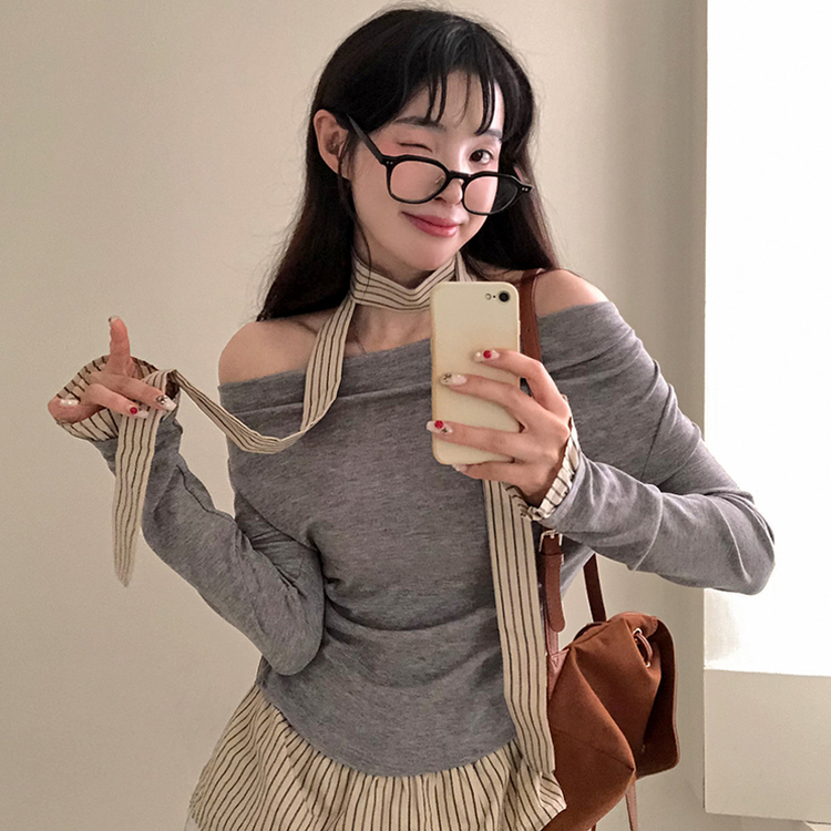 휘핑 머플러 스트라이프 셔츠 레이어드 타이 니트 그레이