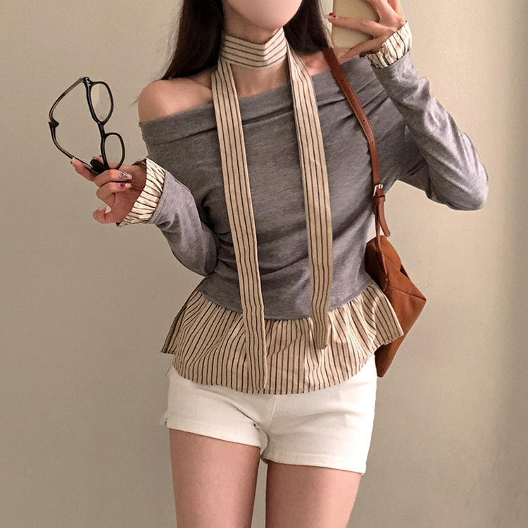 휘핑 머플러 스트라이프 셔츠 레이어드 타이 니트 그레이