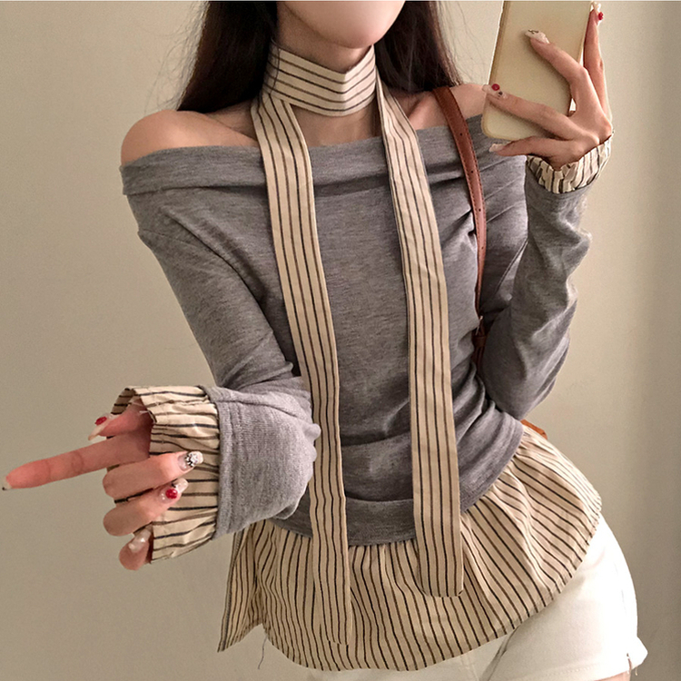 휘핑 머플러 스트라이프 셔츠 레이어드 타이 니트 그레이