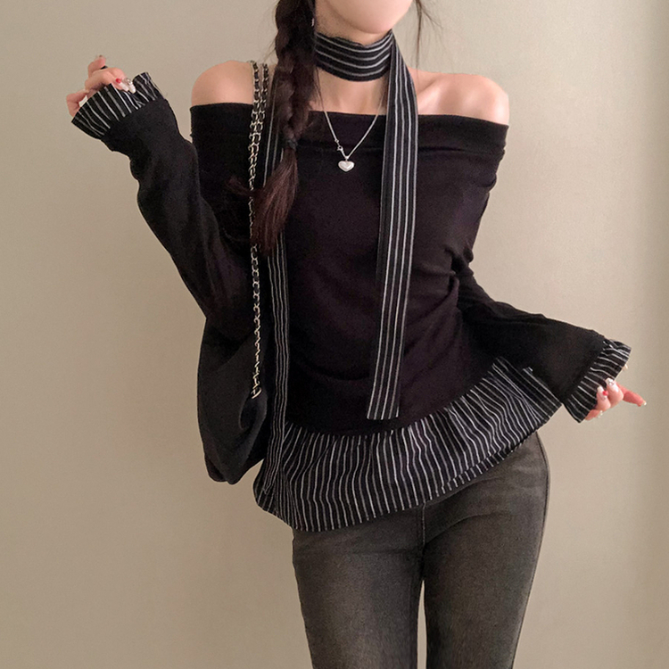 휘핑 머플러 스트라이프 셔츠 레이어드 타이 니트 블랙